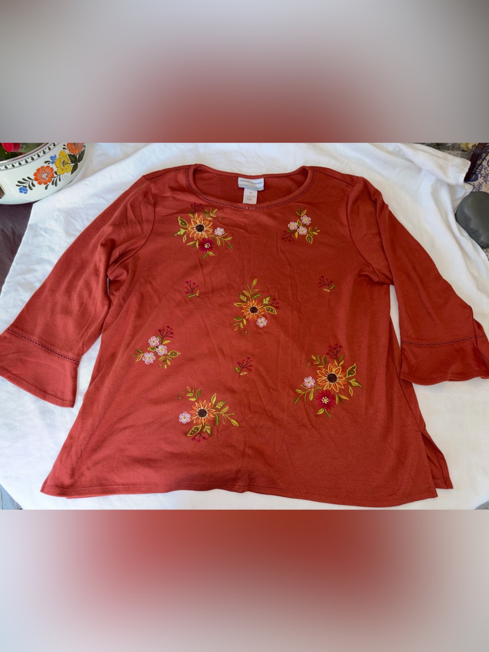 Alfred Dunner Rust Embroidered Floral Long Sleeve Tee